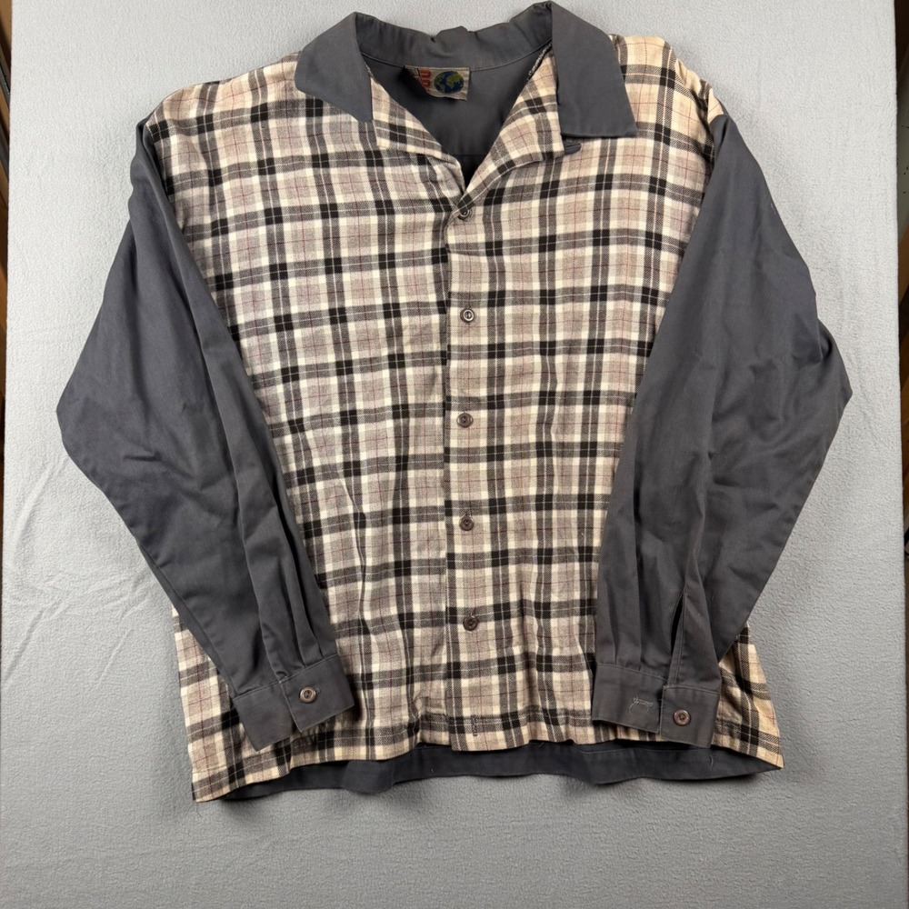 Vintage 90s IOU Plaid Mixed Media Button Down Shirt Mens Grey Cotton USA Grunge